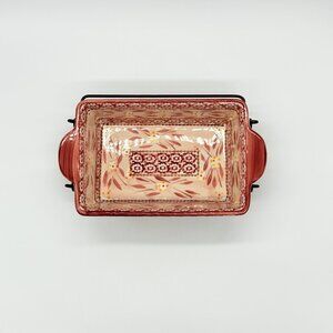 Temptations Old World Red & Cream Loaf Pan 10" X 6" Floral Pattern With Metal Ra